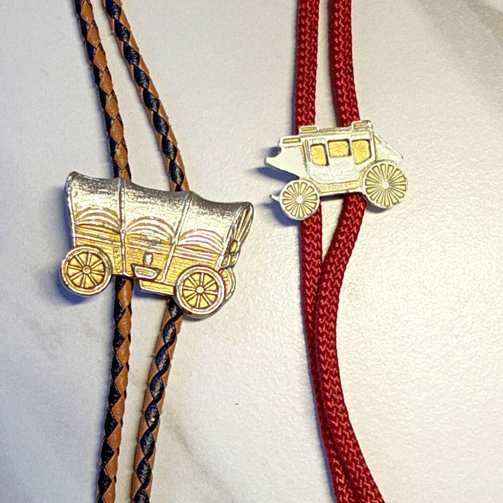 Vintage Metal Stagecoach Covered Wagon Bolo Tie Braided Leather Tie